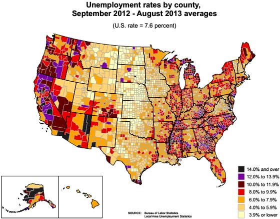 county unemployment map Aug. 2013