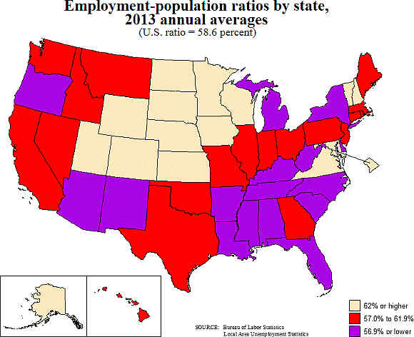 civilian employment population ratio by state map 2013 averages