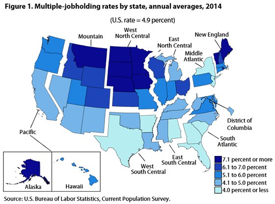 multiple job holders state map 2014 averages